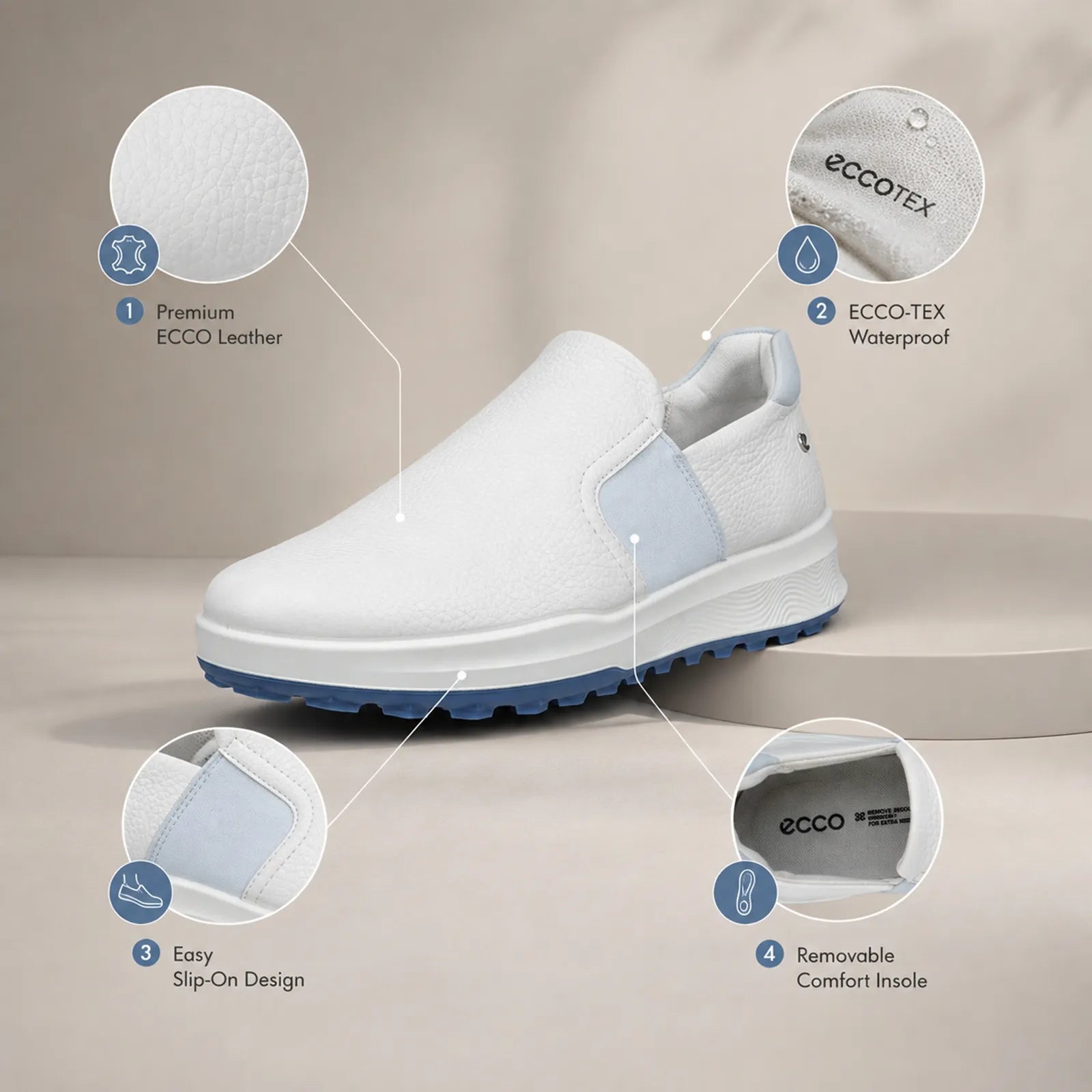 Close-up detail of ECCO Golf Street Vibe white leather upper and modern golf shoe design