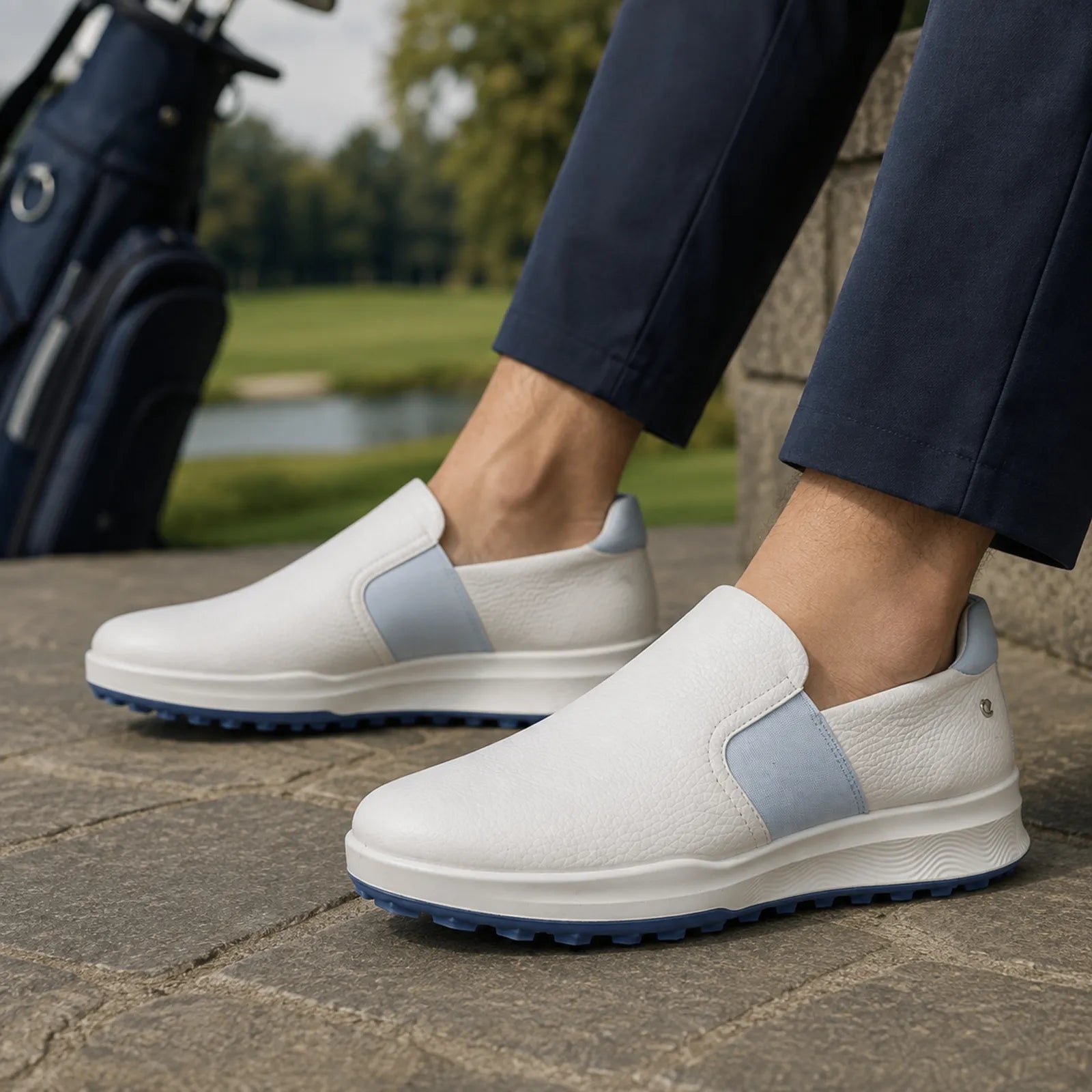 ECCO Golf Street Vibe white slip on golf shoes shown on foot for comfortable walking