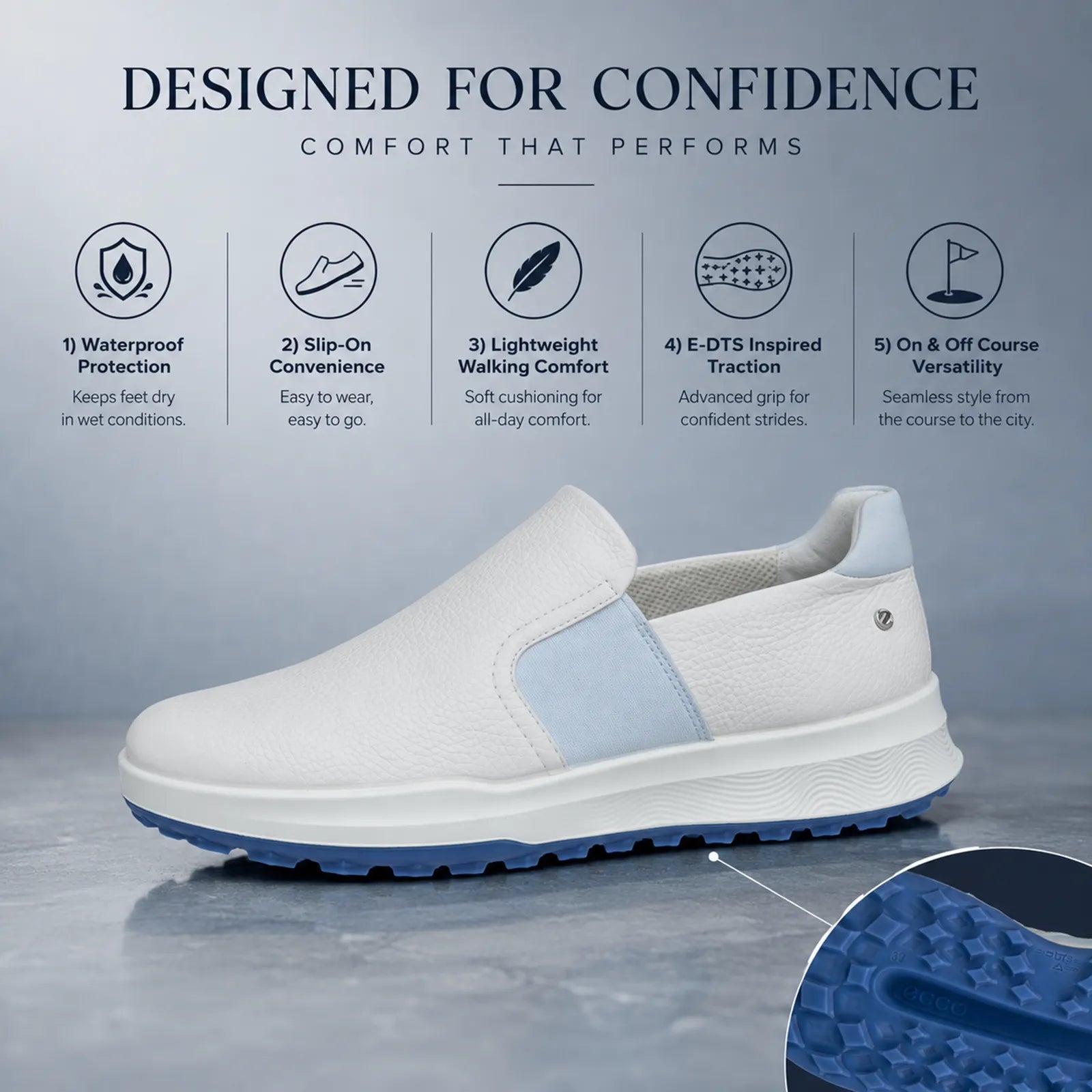 ECCO Golf Street Vibe white golf shoes featuring ECCO-TEX waterproof protection and slip on comfort