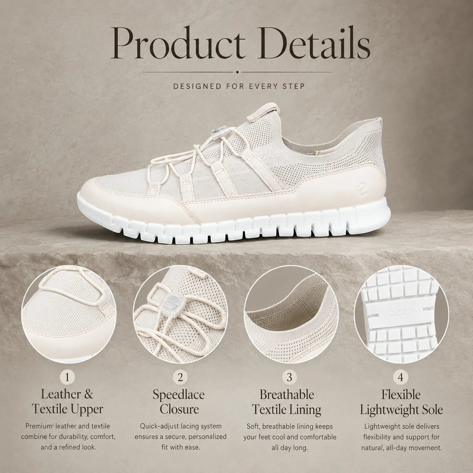 Close-up detail of ECCO Gruuv Lite beige leather and textile upper with speedlace closure