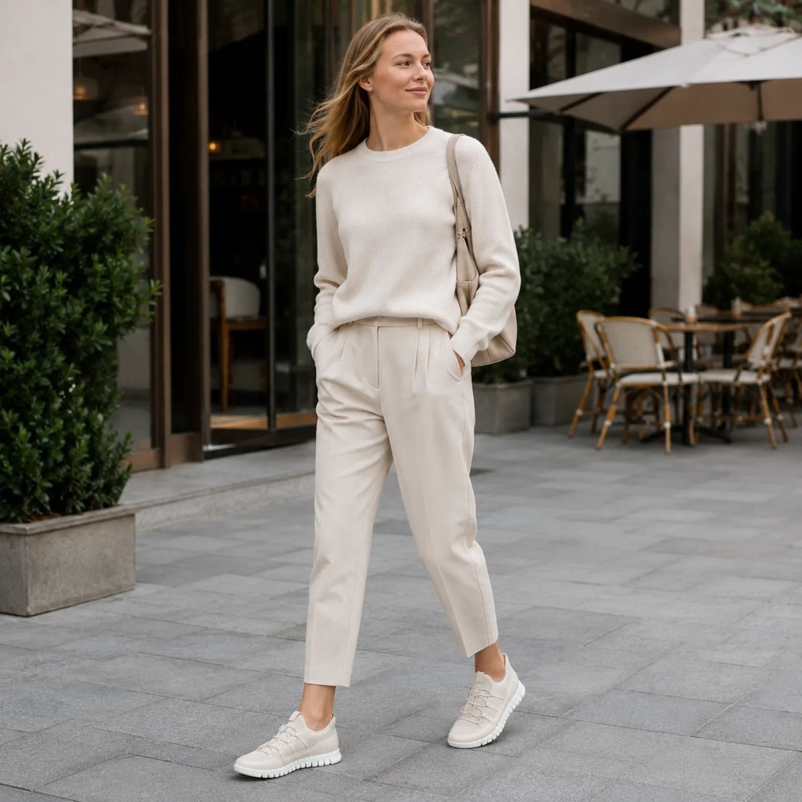 Woman wearing ECCO Gruuv Lite beige sneakers for casual walking and city lifestyle