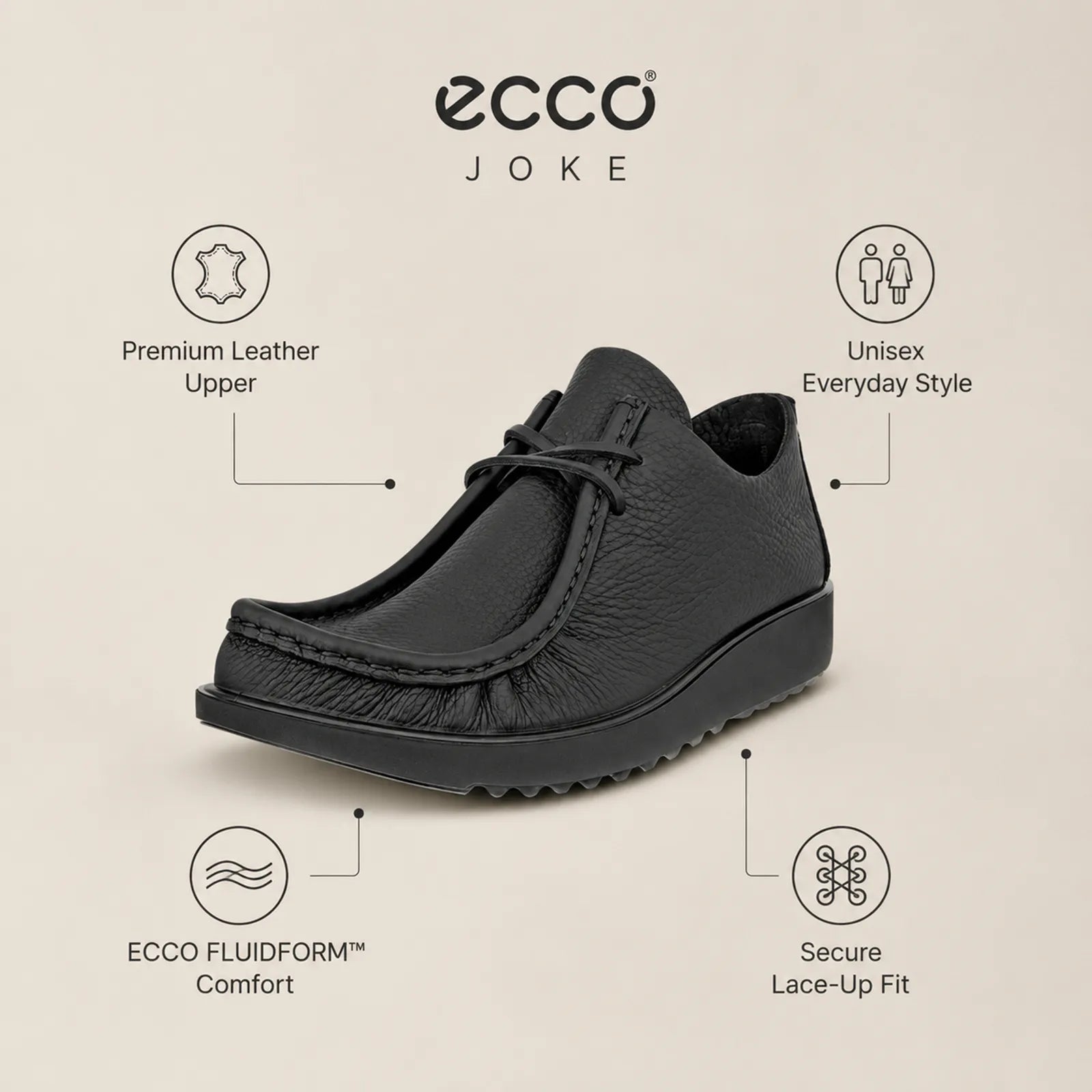 Close-up detail of ECCO Joke black full grain leather upper and lace design