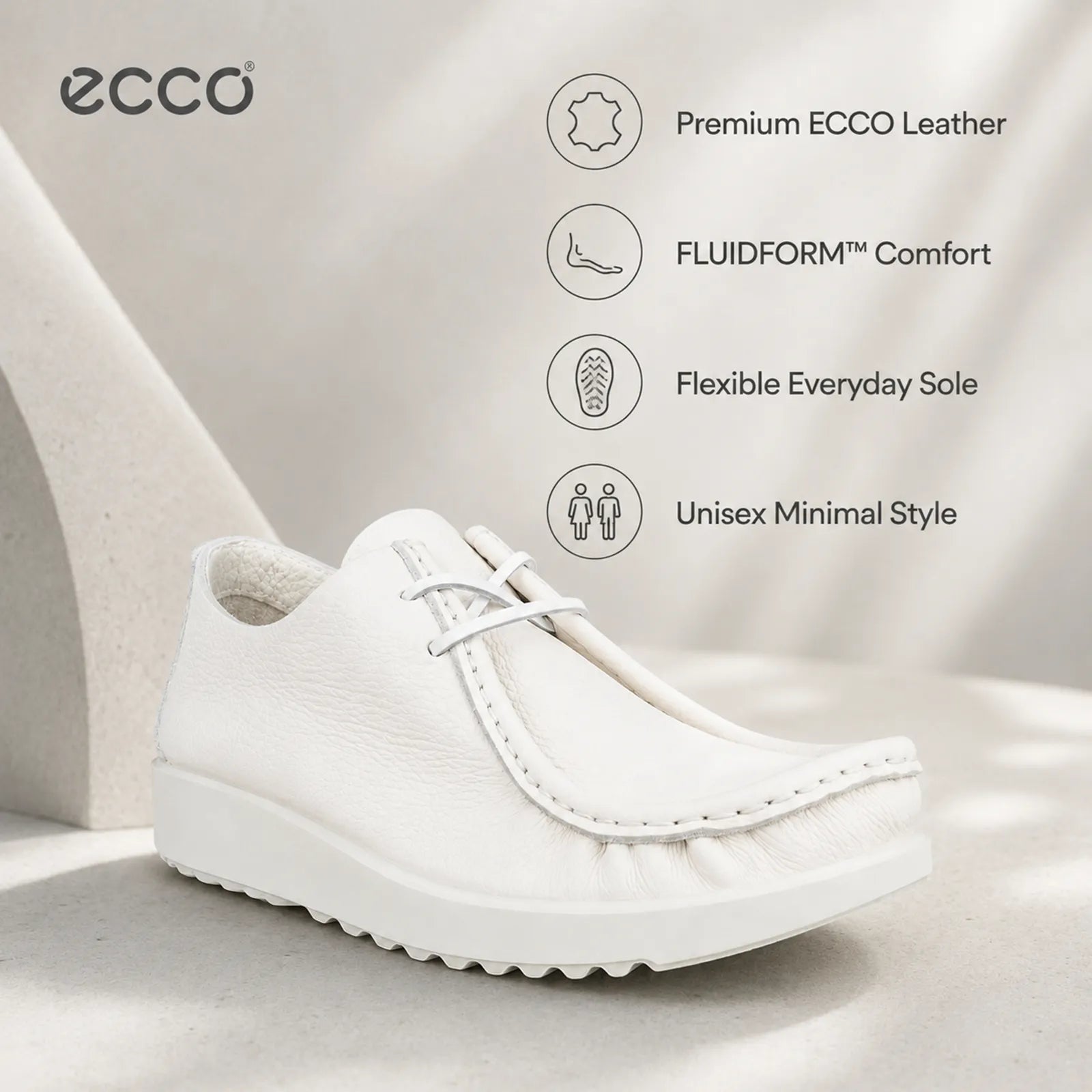Close-up detail of ECCO Joke white leather upper and lace-up construction