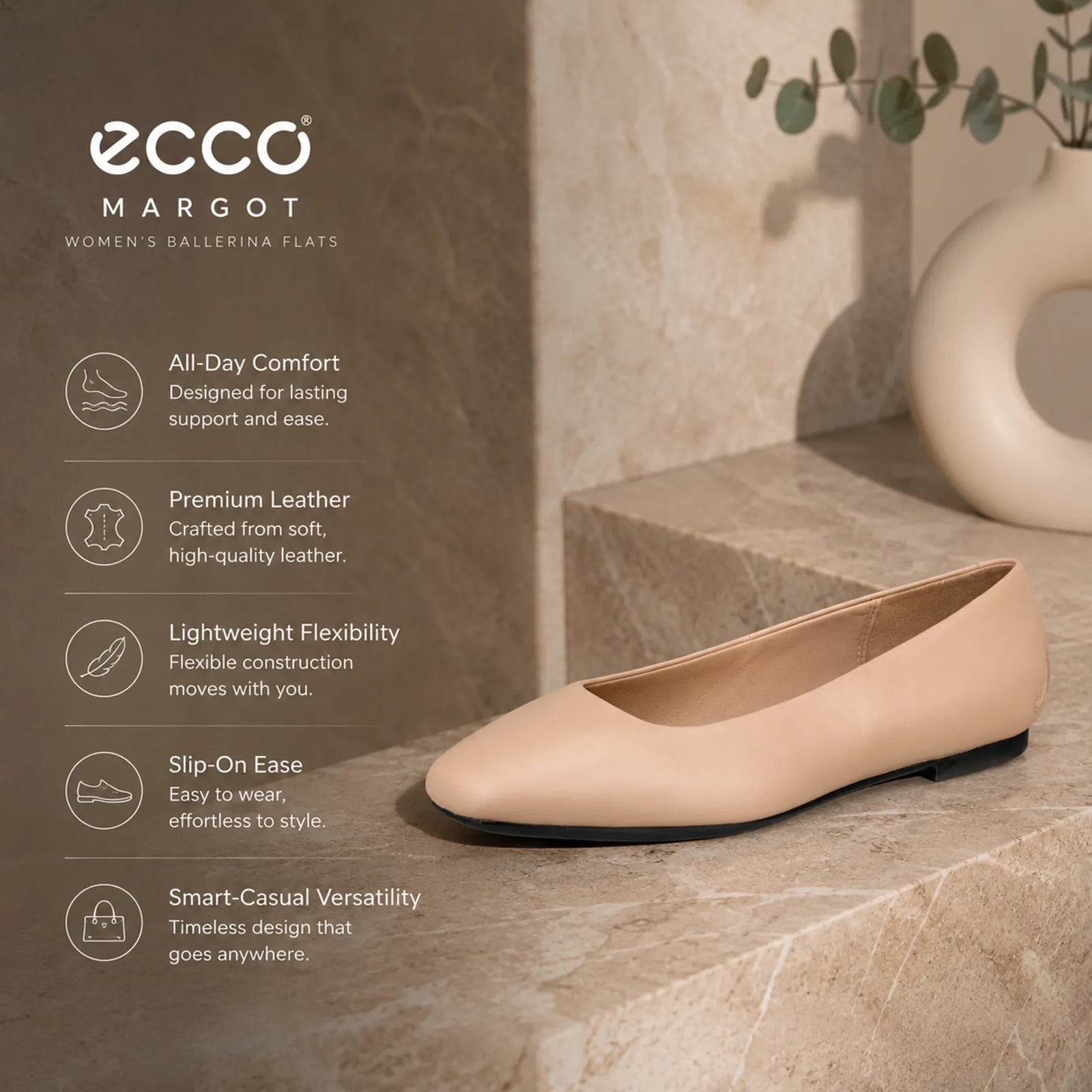 ECCO Margot beige ballerina shoes featuring padded leather-covered footbed for cushioned comfort