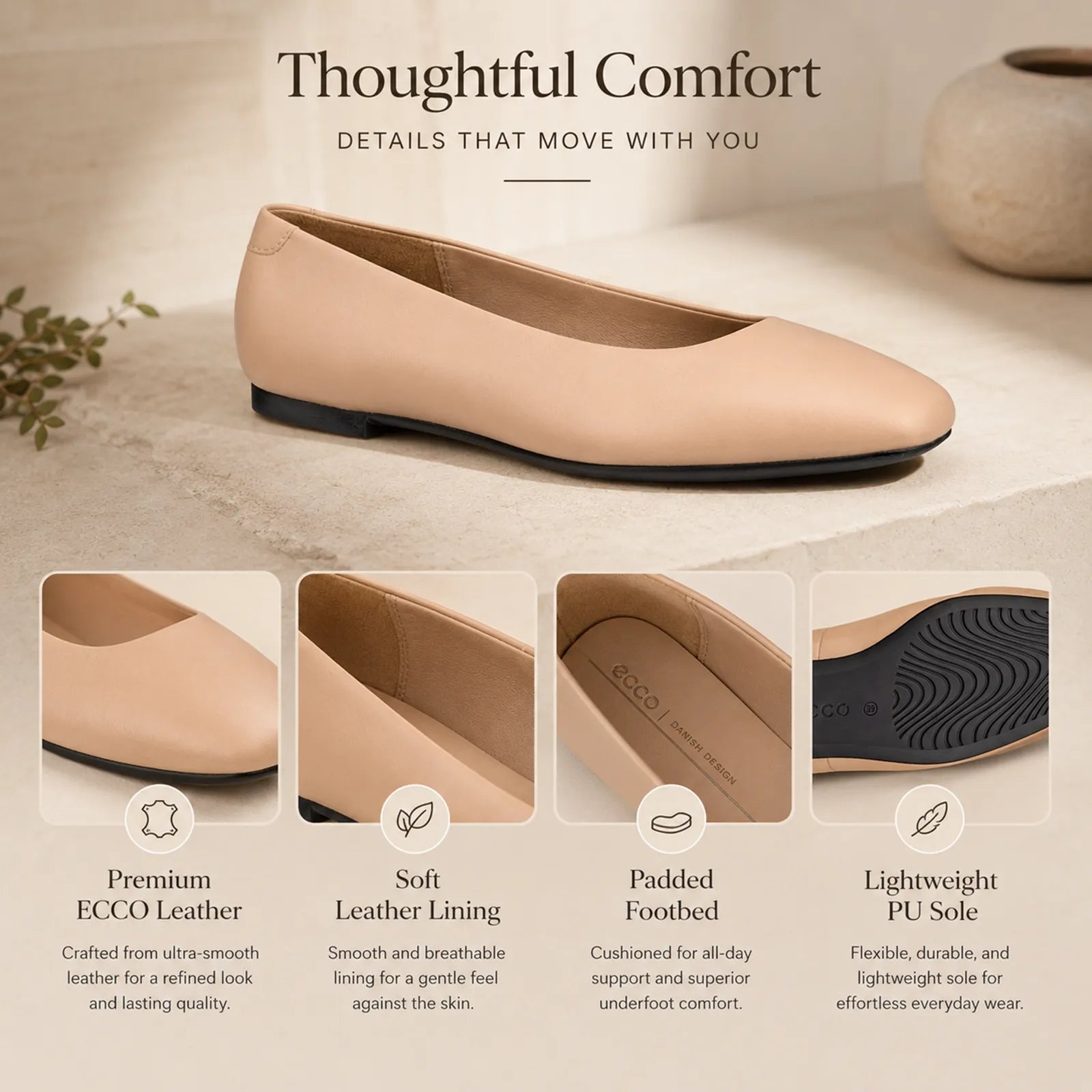 Close-up detail of ECCO Margot beige leather upper with refined ballerina shoe craftsmanship