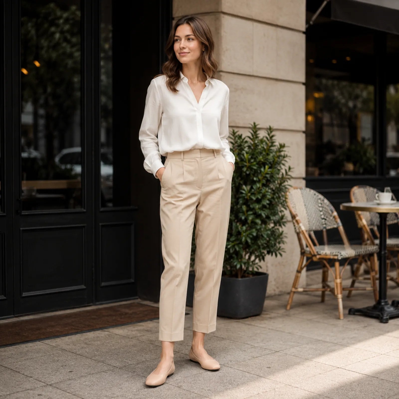 Woman wearing ECCO Margot beige leather ballerina shoes for casual and smart everyday styling
