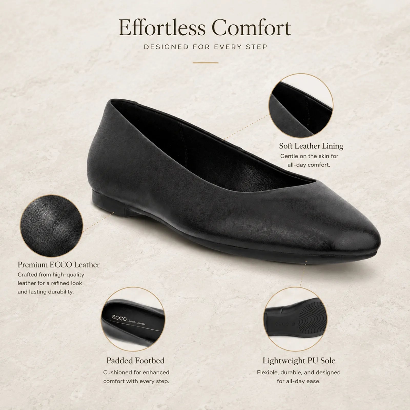ECCO Margot black ballerina shoes featuring padded leather-covered footbed for cushioned comfort