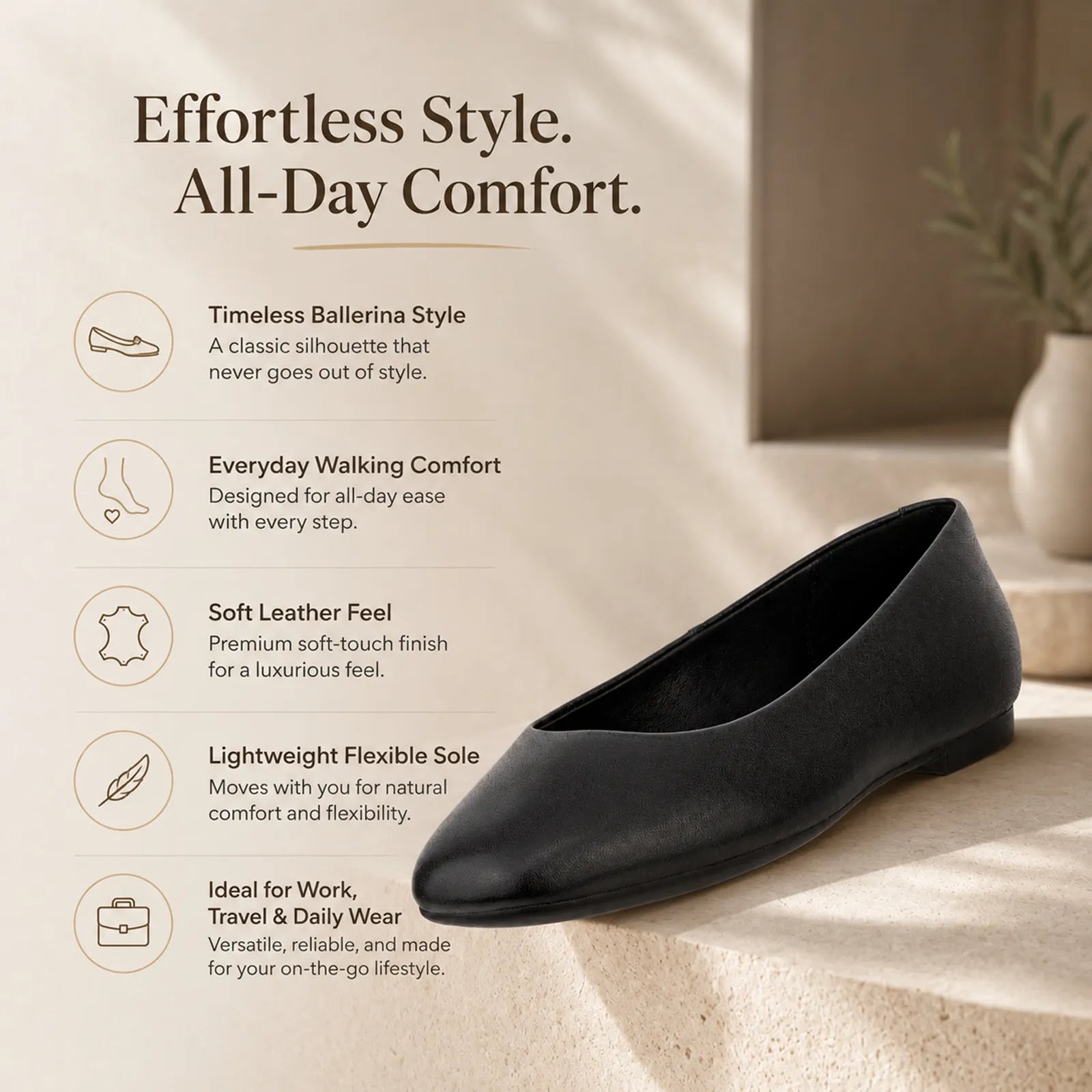 Close-up detail of ECCO Margot black leather upper with refined ballerina shoe craftsmanship