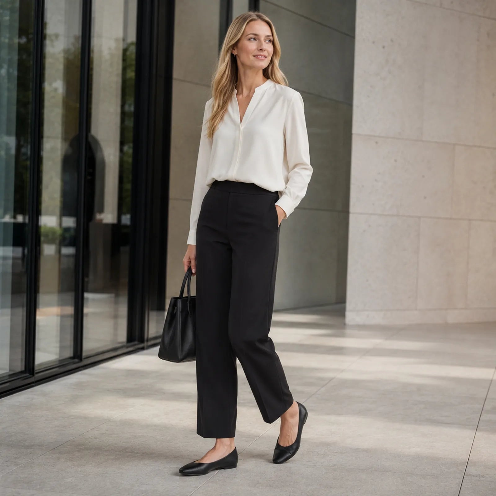Woman wearing ECCO Margot black leather ballerina shoes for smart casual and everyday occasions