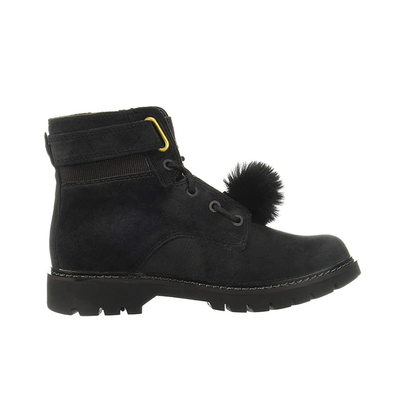 Black velvet womens boots with lace-up front, ankle height, and fuzzy side pom detail