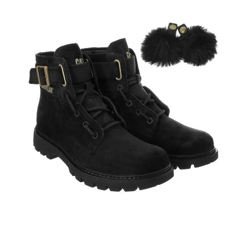 Black ankle boots with lace-up front and side straps, with faux-fur pom accents