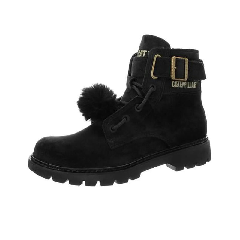 Black ankle boots with lace-up front, buckle strap, and CAT logo patch
