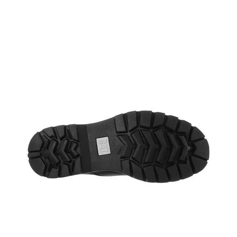 Black boot outsole with rugged tread pattern and brand label near midfoot