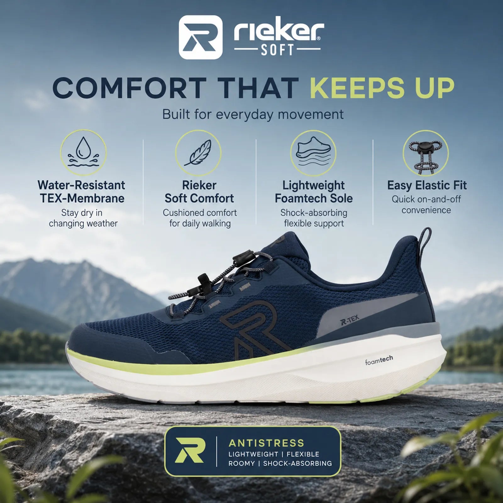 Close-up detail of Rieker U4300 men's sneakers showing breathable upper and comfort design