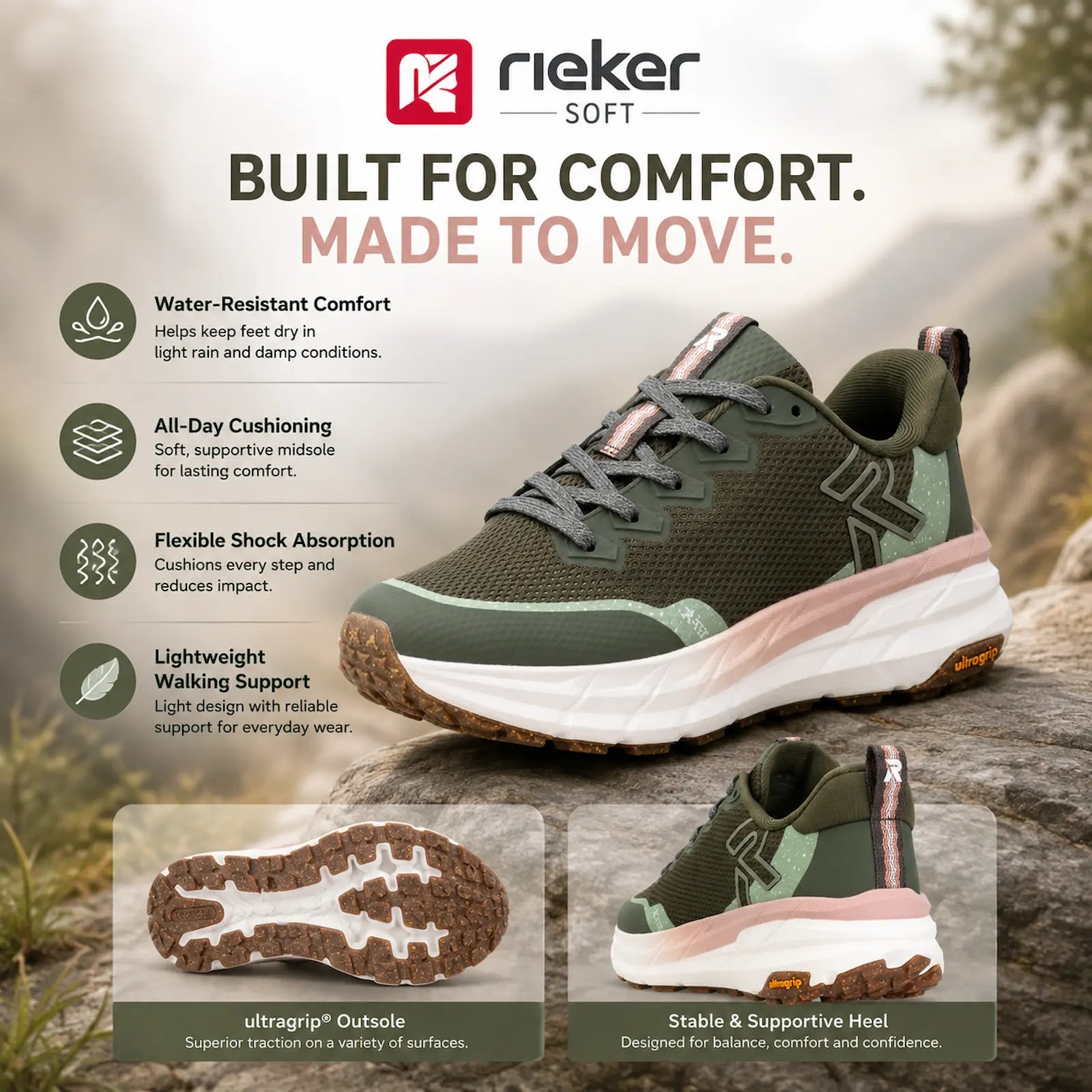 Close-up detail of Rieker W4501-54 green textile trainers with lace fastening