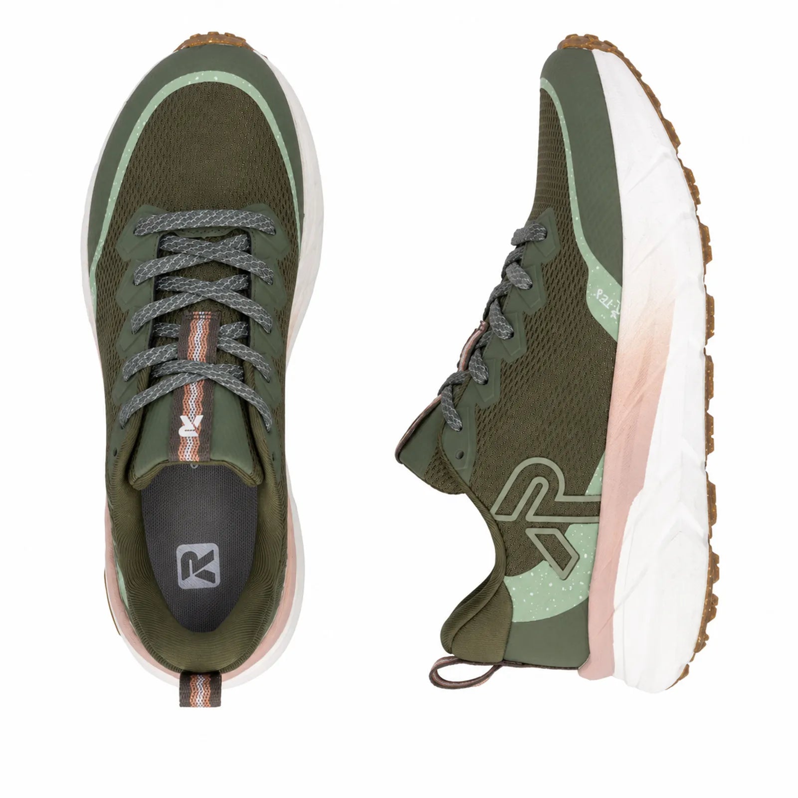 Side view of Rieker W4501-54 green lightweight trainers with flexible EVA sole