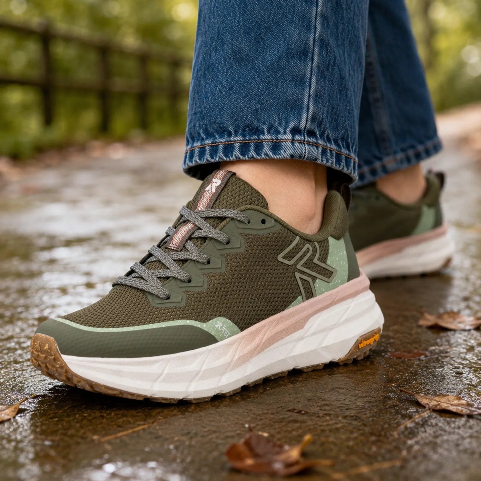 Rieker W4501-54 green women's trainers worn for comfortable everyday walking