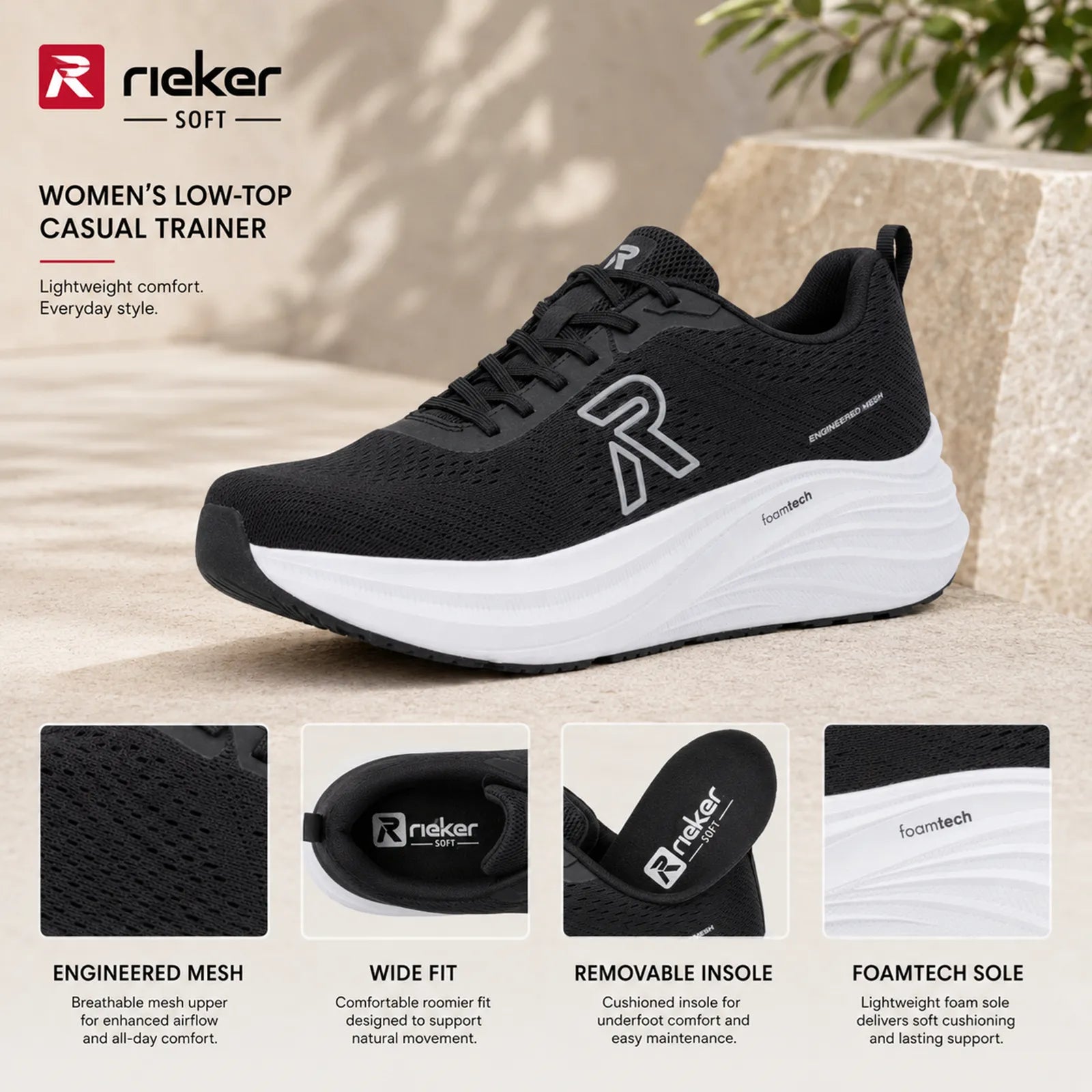 Black Rieker low-top casual trainer sneakers with white sole and removable insole graphic