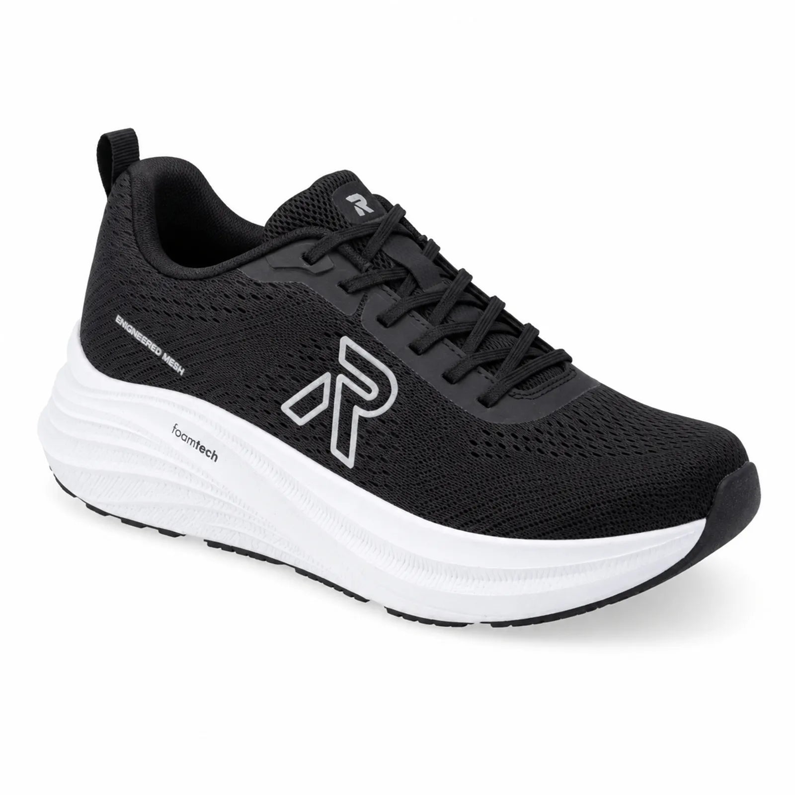 Black Rieker low-top running sneakers with mesh upper, lace-up closure, white cushioned sole