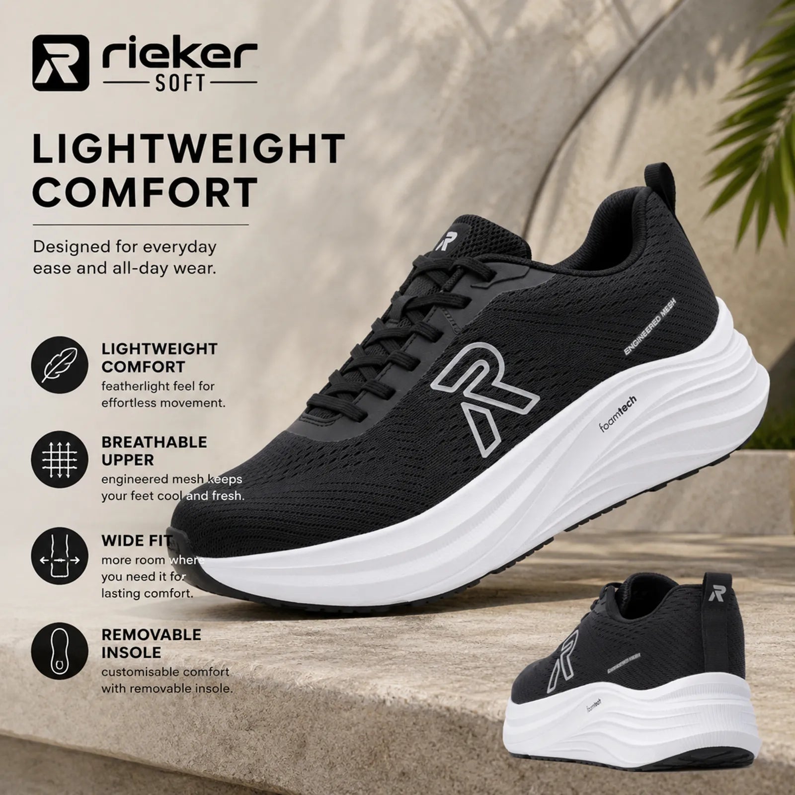 Black Rieker knit sneakers with white midsoles, lace-up design and side graphic logo