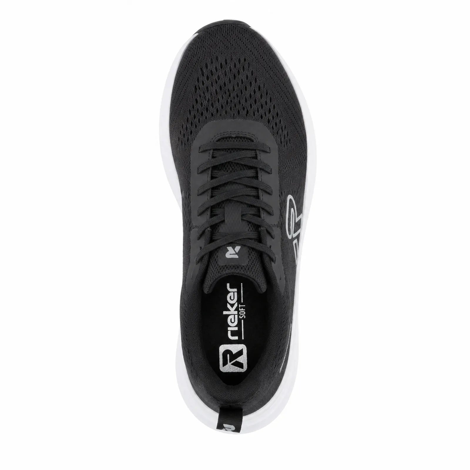 Black Rieker lace-up sneakers with breathable mesh upper and padded tongue, white sole trim