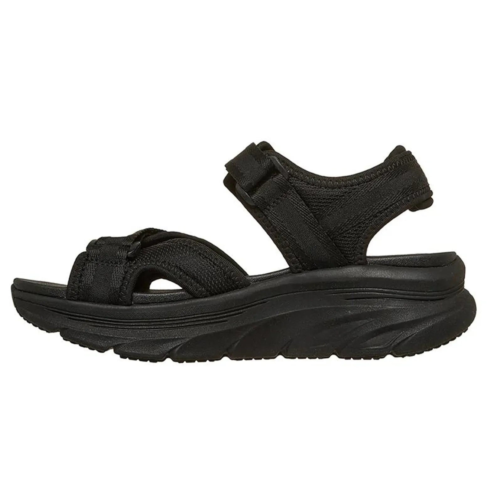 Women’s black open-toe sandals with fabric straps and textured lug outsole