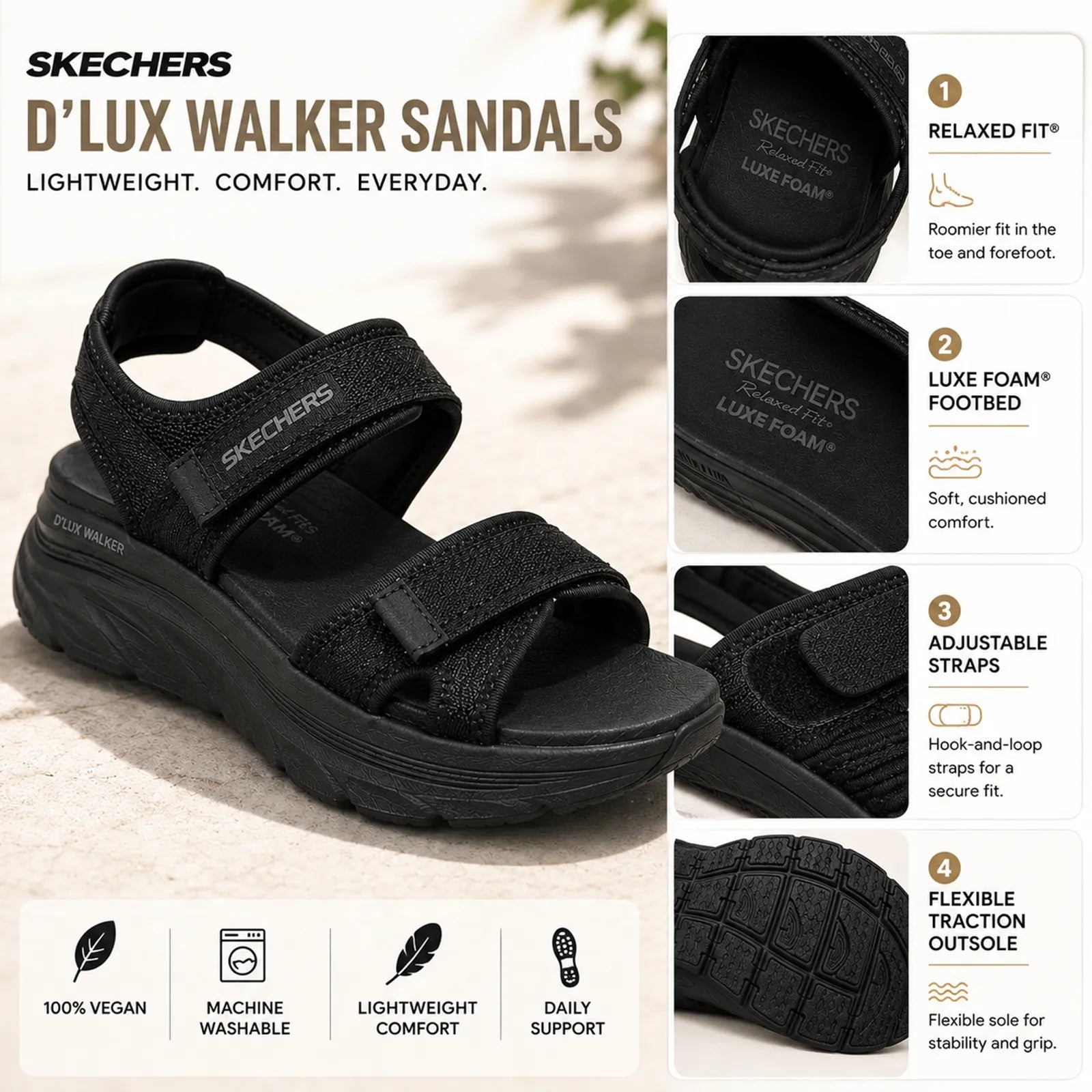 Women’s black sandals with hook-and-loop straps and flexible treaded outsole