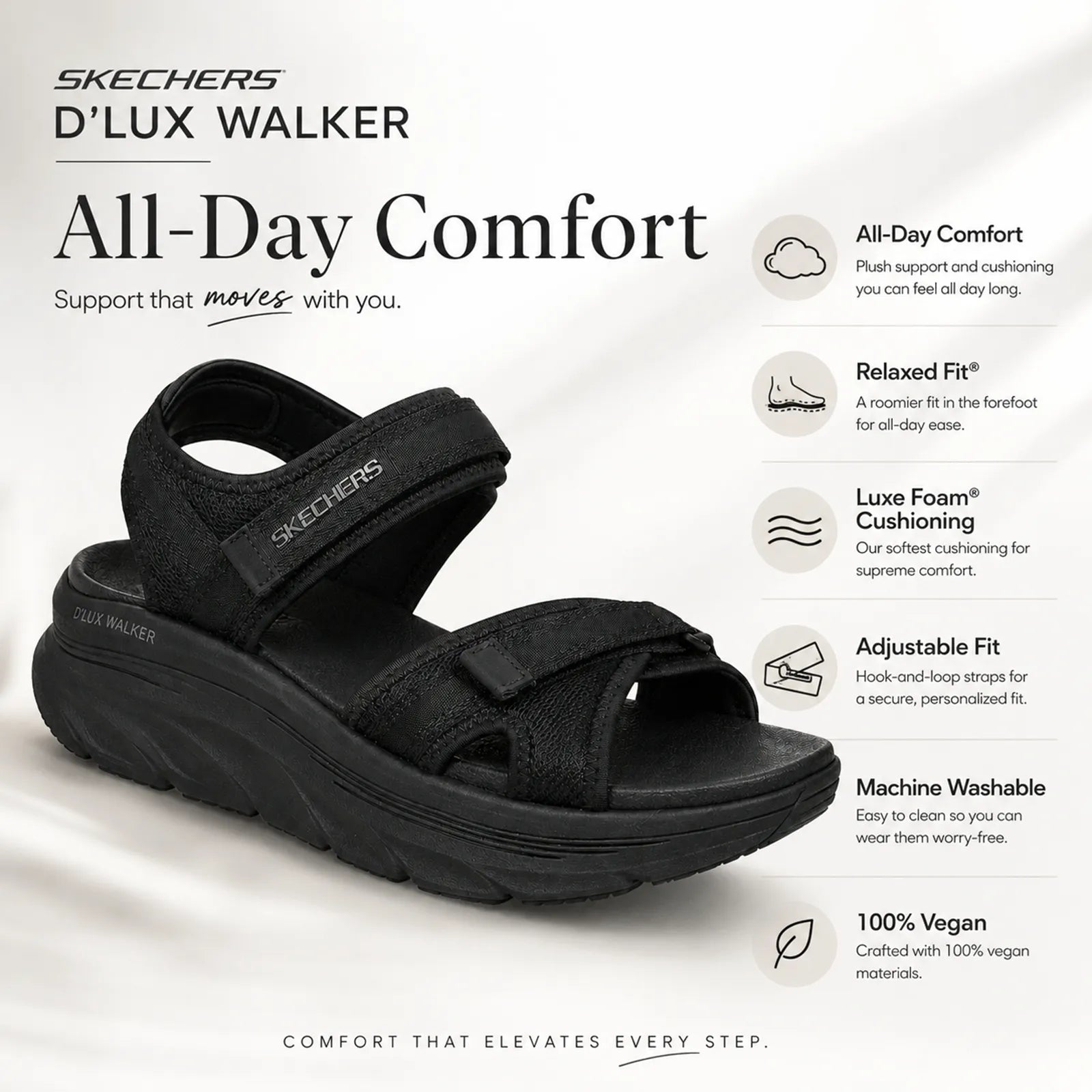 Women’s black open-toe sandals with fabric straps and cushioned rocker sole