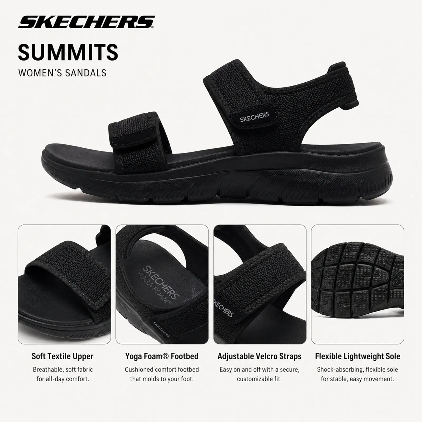 Skechers Summits women’s black sandals with flexible lightweight sole and Velcro straps