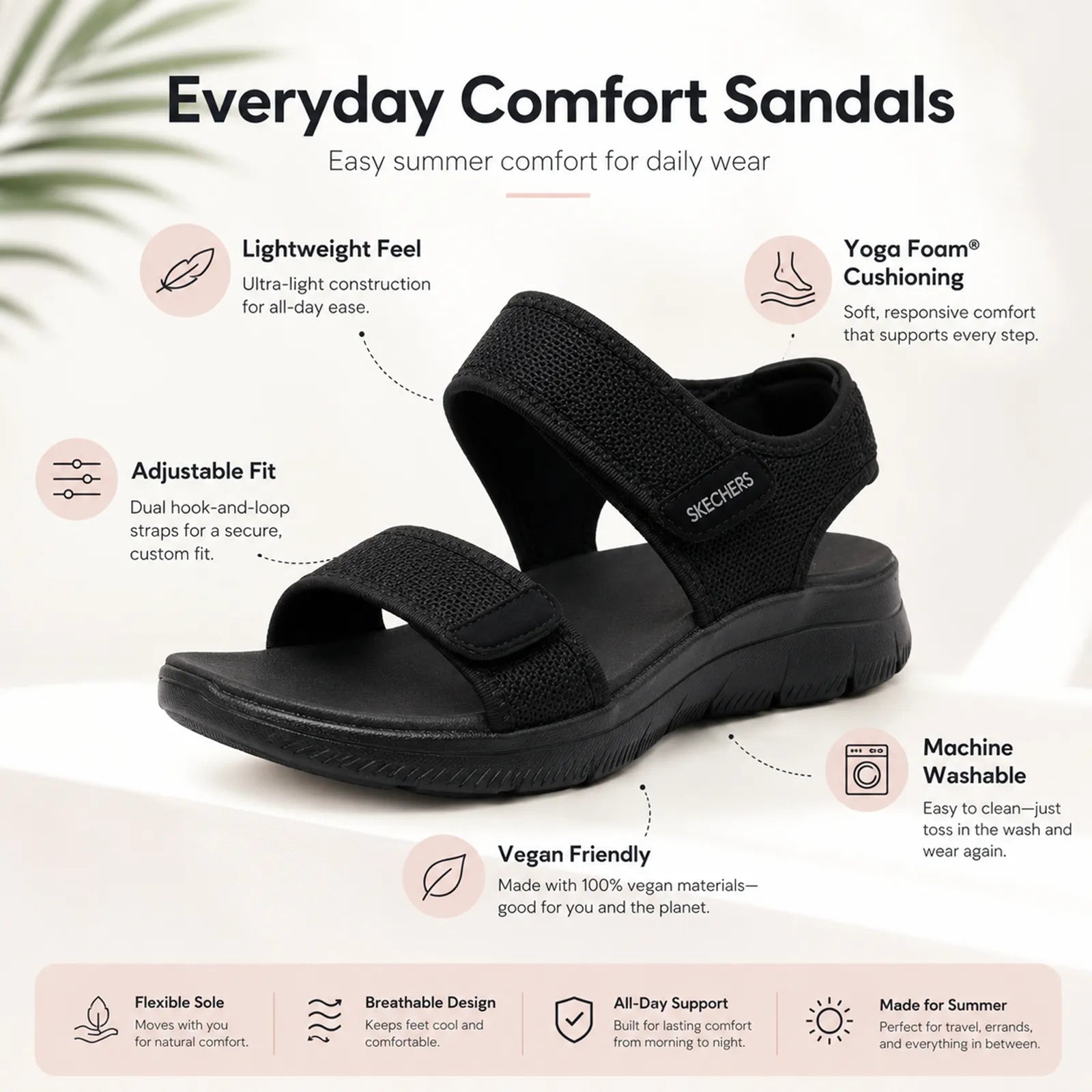 Women’s black everyday comfort sandals with Velcro straps and cushioned sole