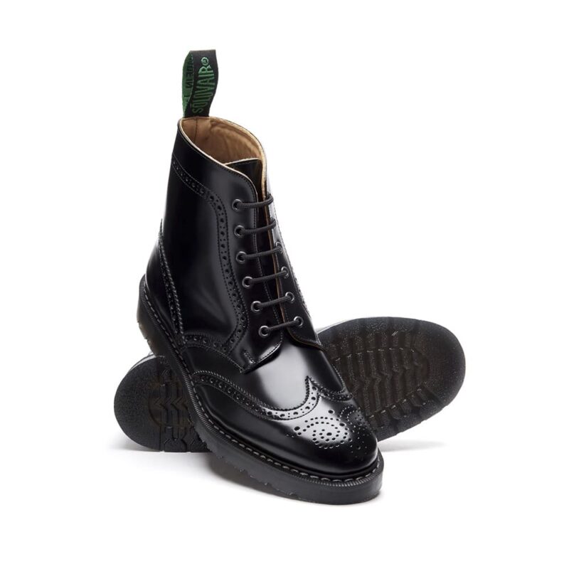 OVAIR Black Hi-Shine 6 Eye Brogue Boot. Made from quality leather.