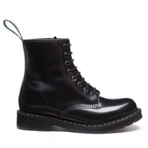 SOLOVAIR Black Hi-Shine 8 Eye Derby Boot. Made from quality leather