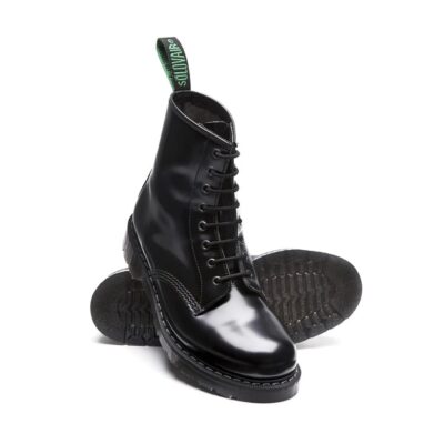 SOLOVAIR Black Hi-Shine 8 Eye Derby Boot. Made from quality leather