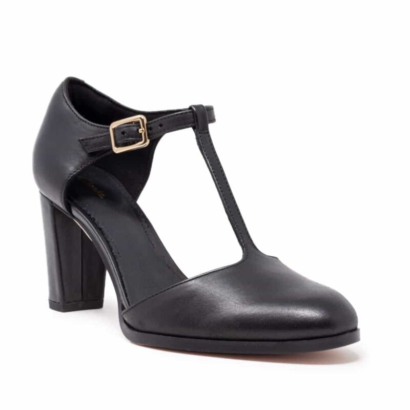 Clarks Kaylin85 TBar2 Black Leather. Premium Shoes.