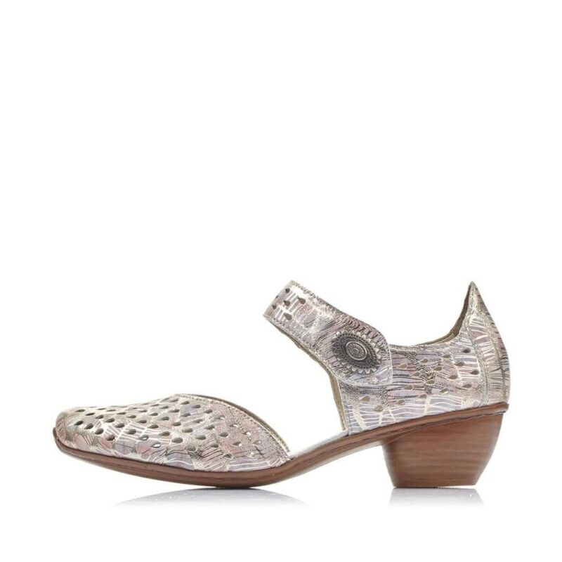 Ladies shoes with low heel and hook and loop fastening strap. These shoes have a stencil detailing as well as a pretty multi colour pastel print.