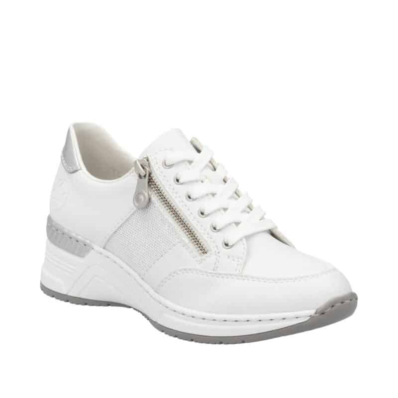 Rieker Women's Sneakers White Leather Lace-up&Zip Casual Shoes N432280
